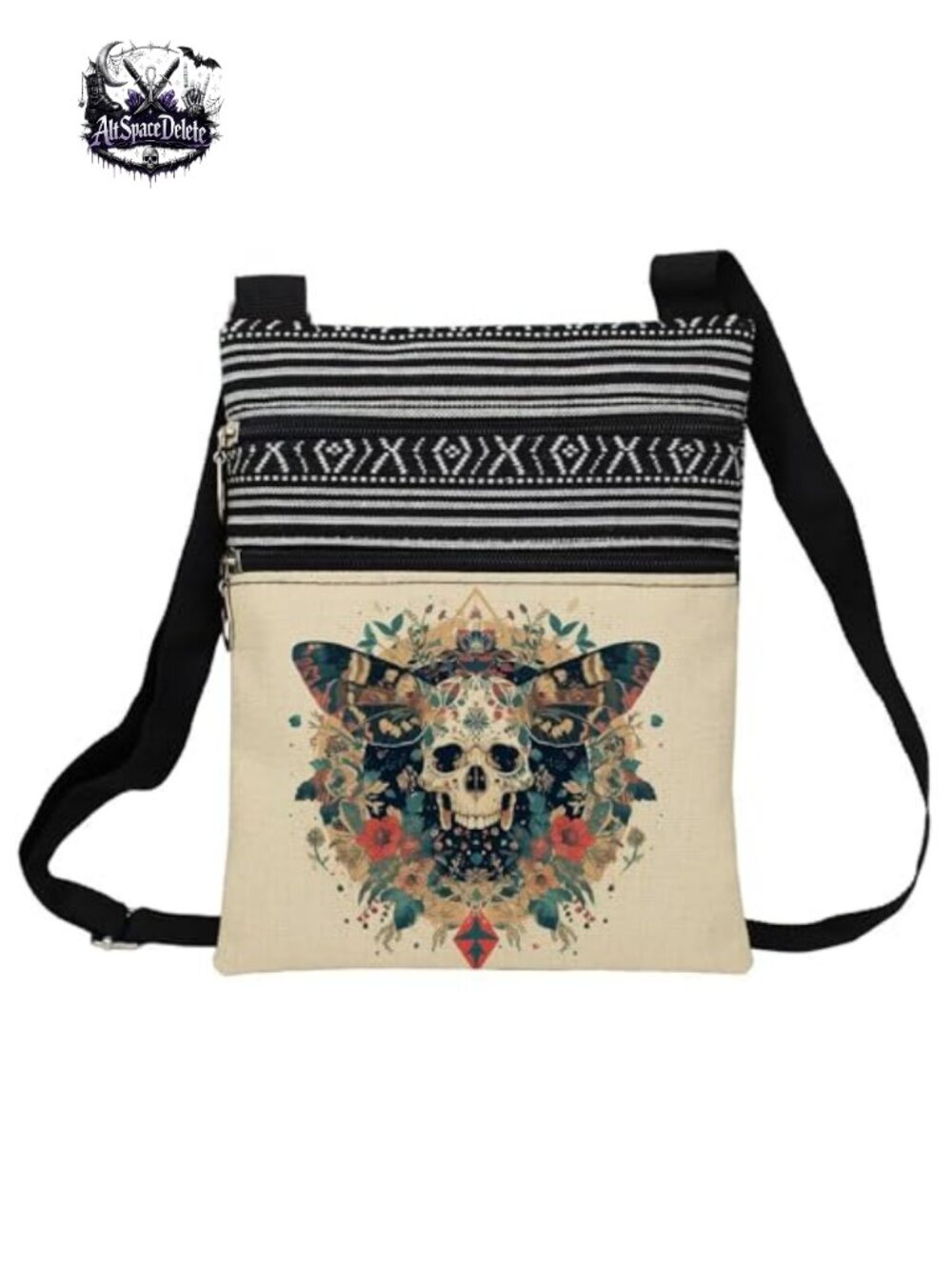 Polyester Small Crossbody Bag Skull Butterfly Ethnic Adjustable Strap Zipper